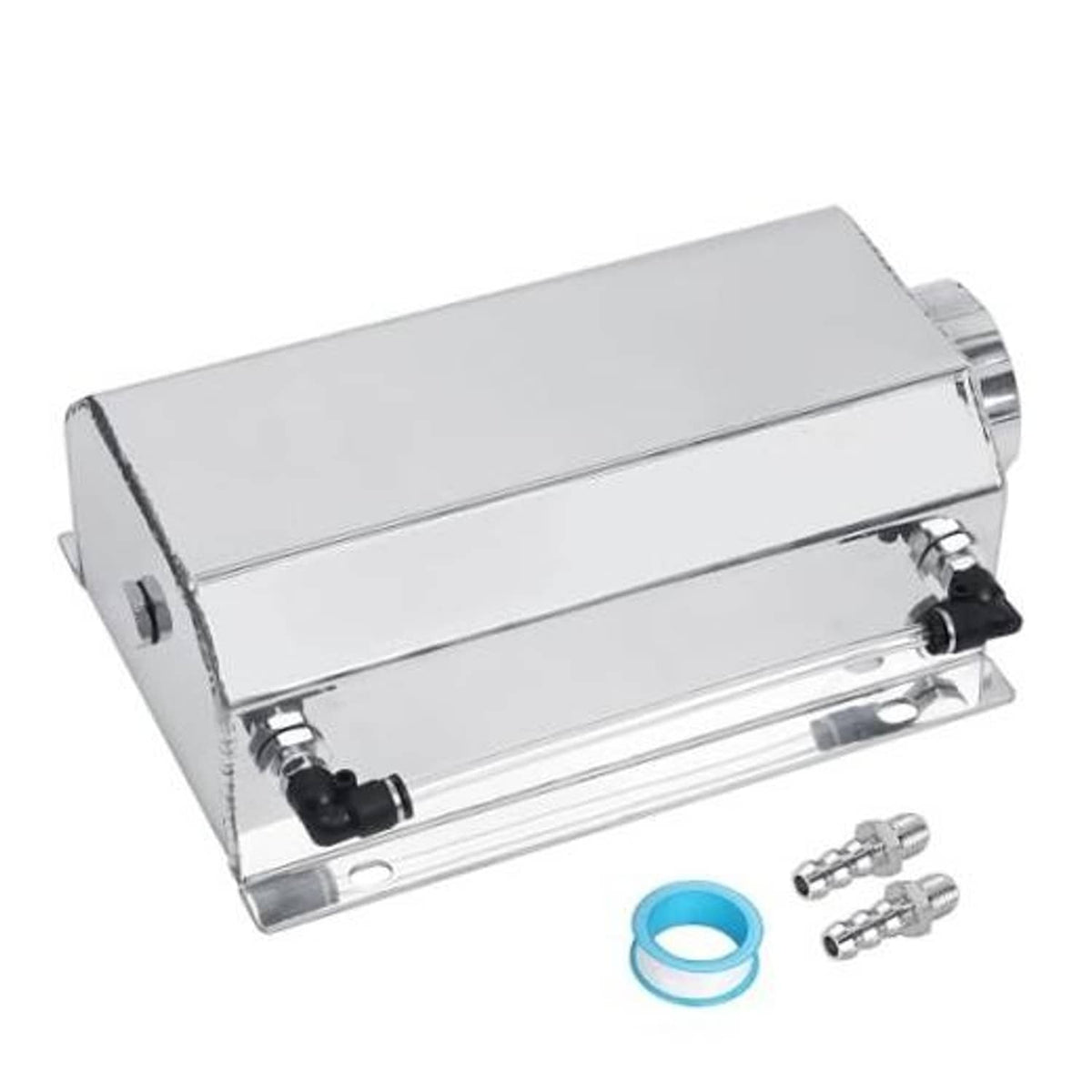 Silver aluminum coolant overflow recovery tank with mounting holes and outlet fittings
