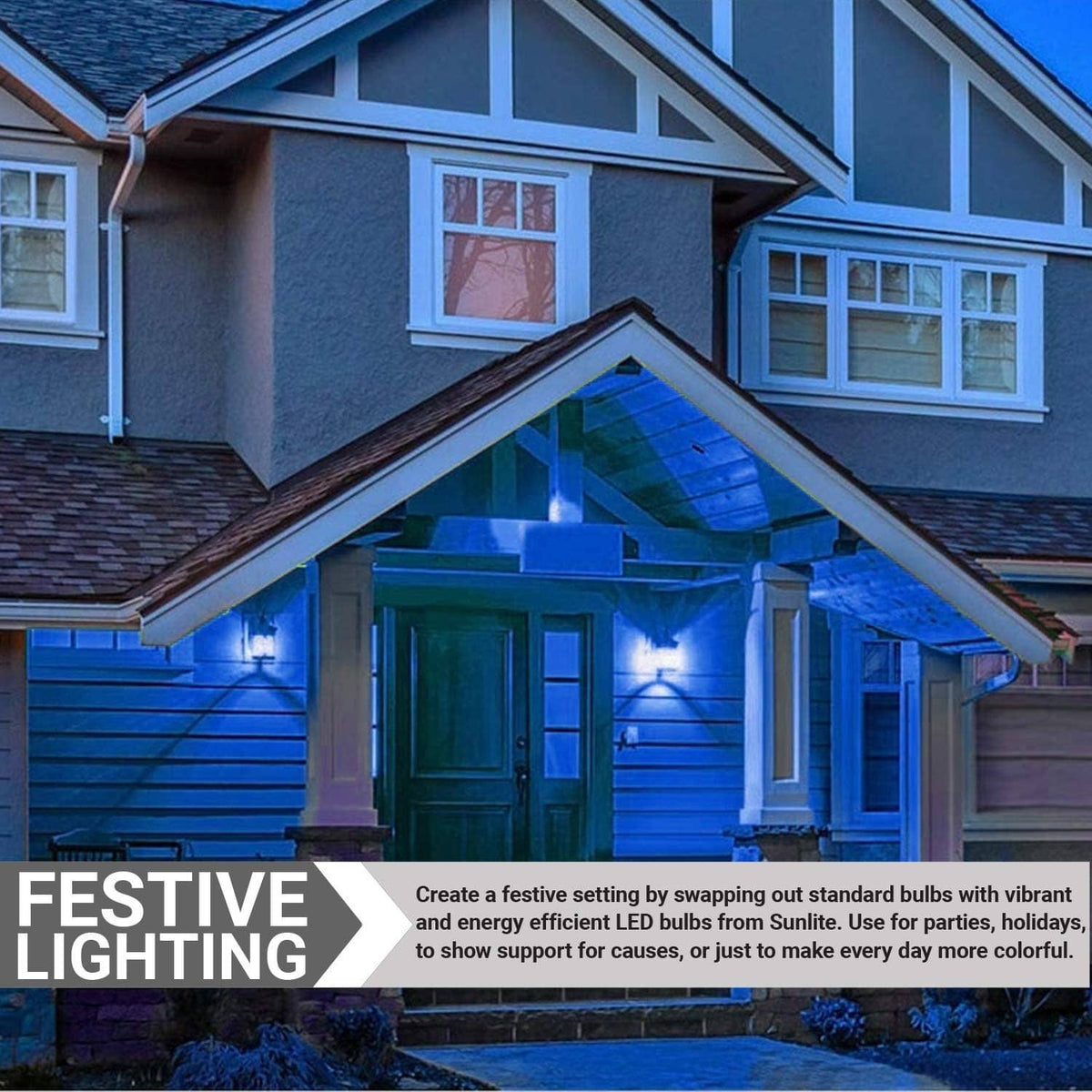 Blue LED A19 bulbs lighting an outdoor porch