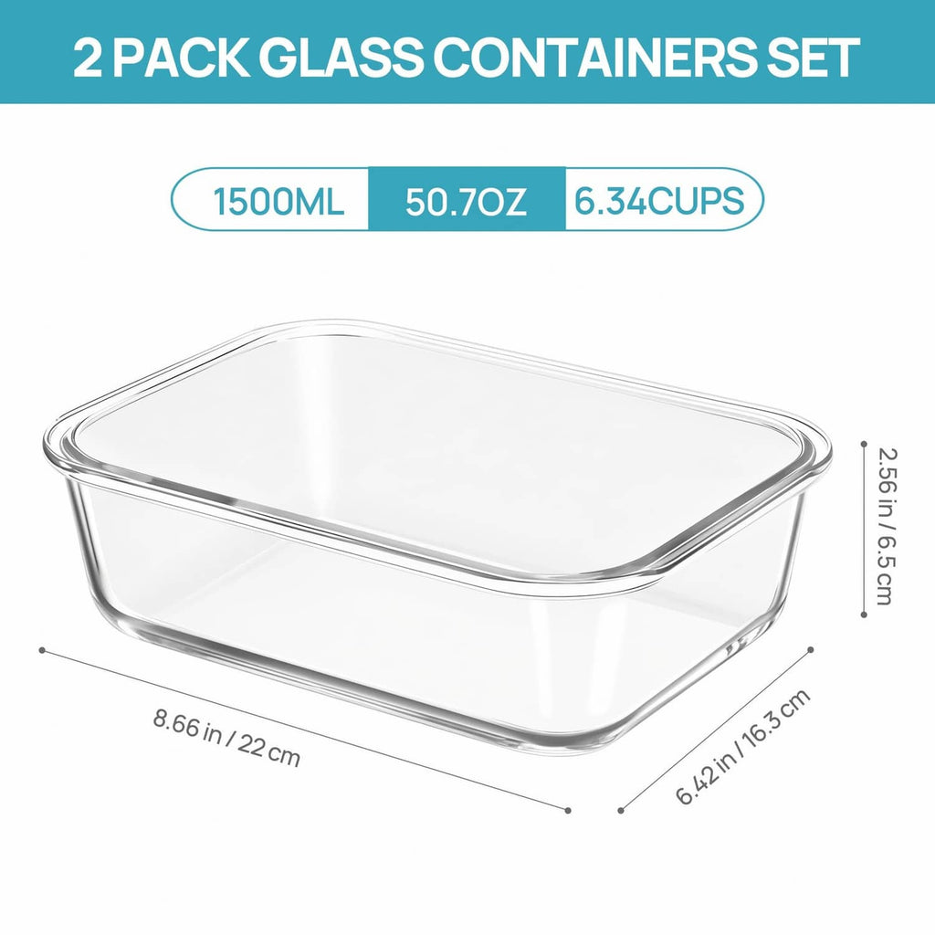 Clear glass rectangular storage container with snap-lock lid, 1500ml
