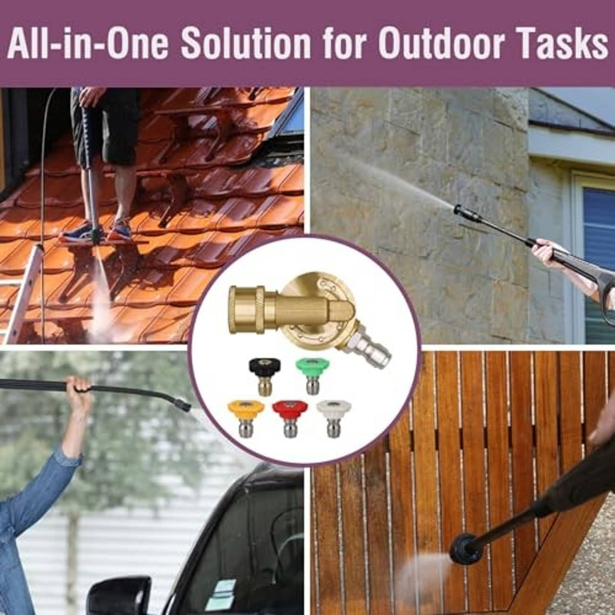 Brass pivoting quick-connect coupler kit with colored nozzle tips for outdoor cleaning