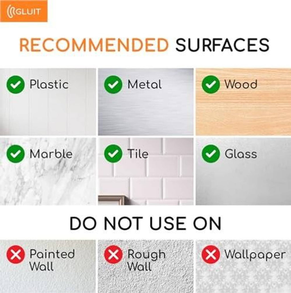 Recommended surface chart for adhesive wall hooks: plastic, metal, wood, marble, tile, glass