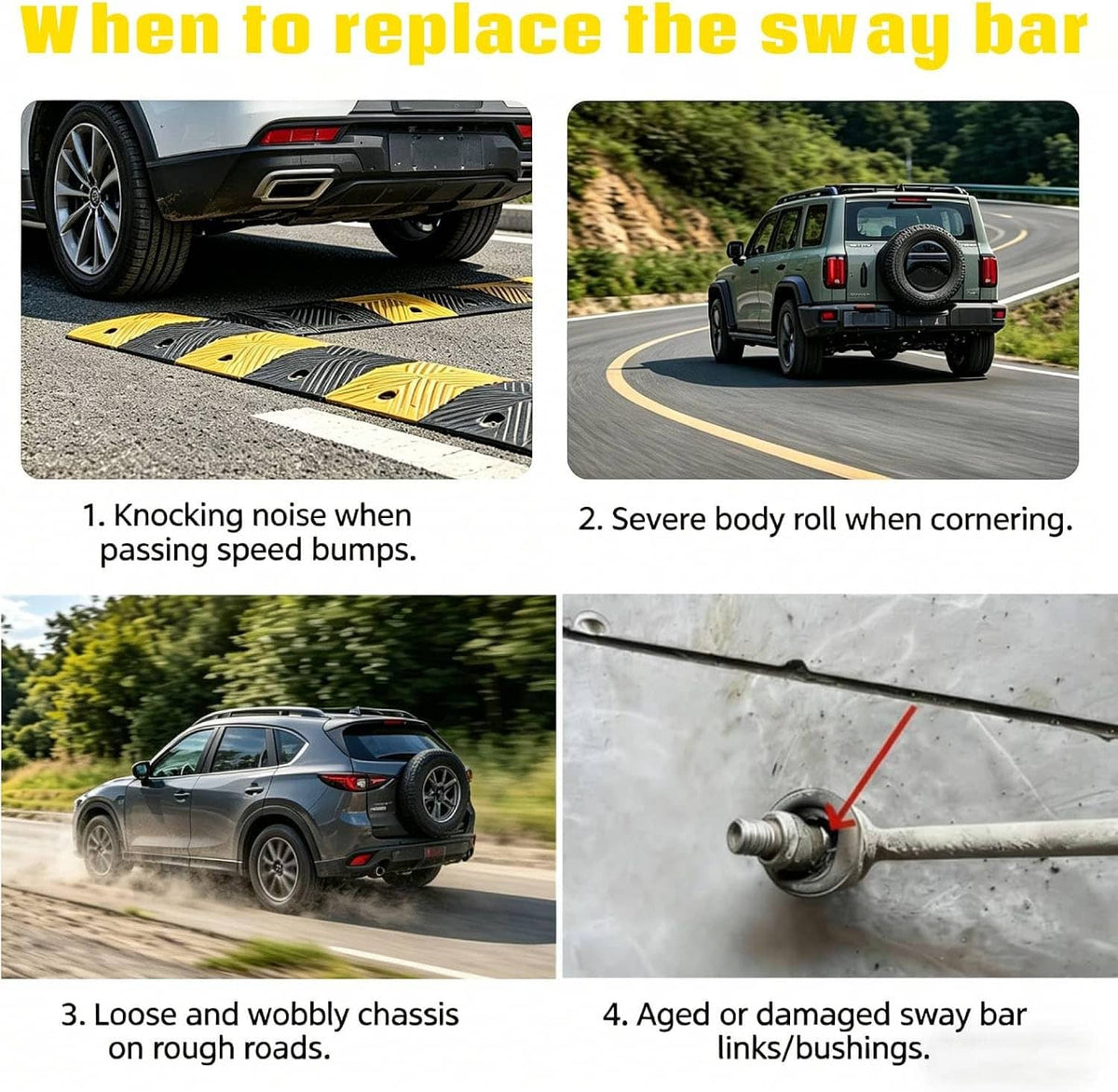 Vehicle warning graphic featuring a blue sway bar end link with red bushings