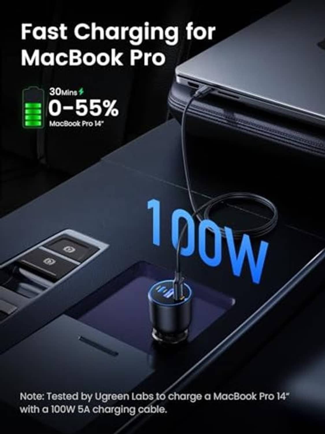 Black 130W USB-C car charger with blue-lit power indicator and ports