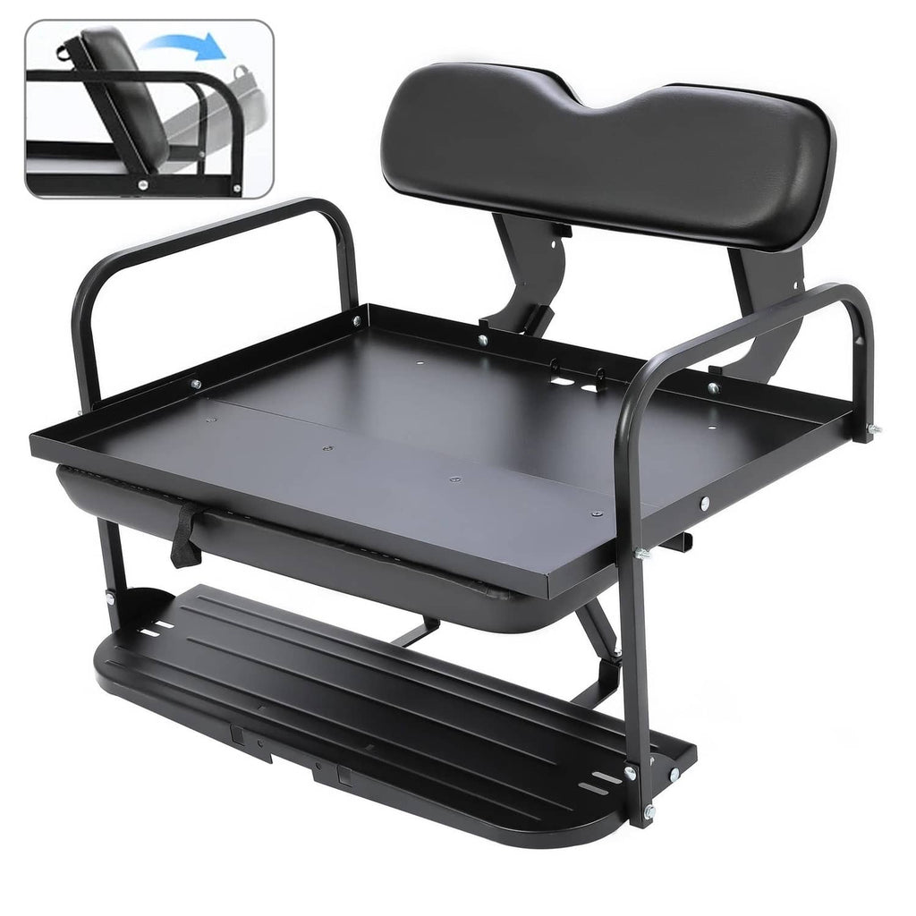 Black rear golf cart seat kit with contoured cushion, metal frame, and footplate
