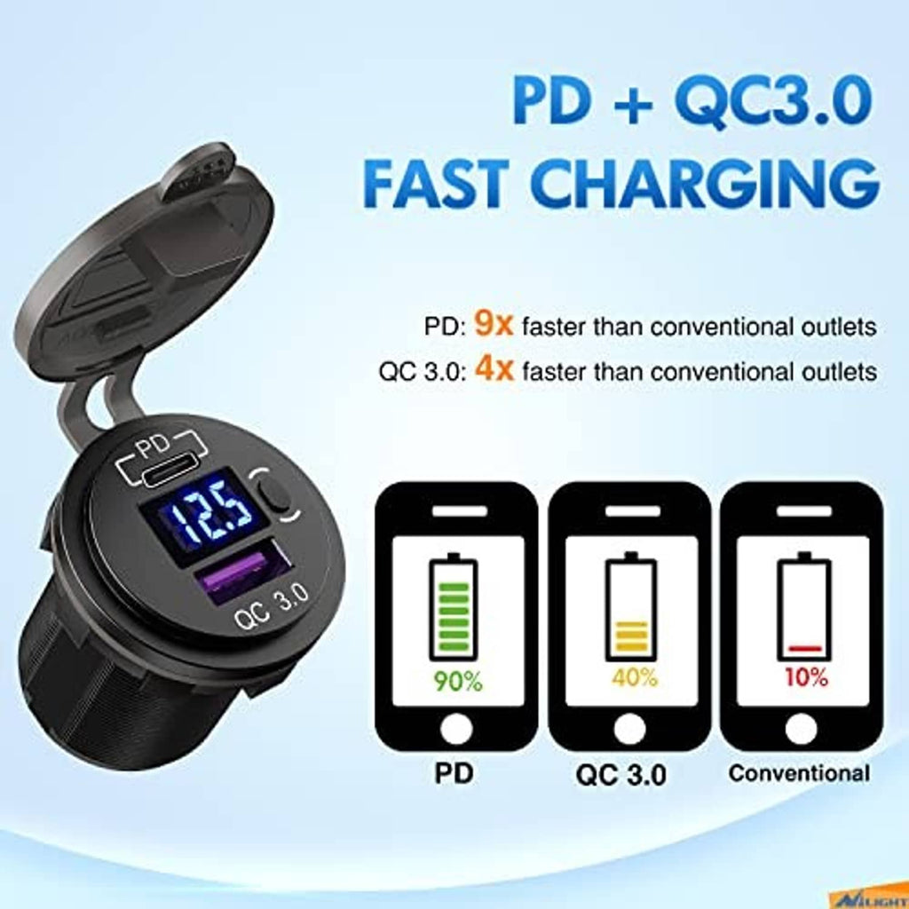 USB-C car charger socket showing blue voltmeter display with QC 3.0 indicator