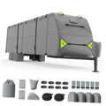 Gray RV travel trailer cover with tie straps and front support legs, weather-ready cover.