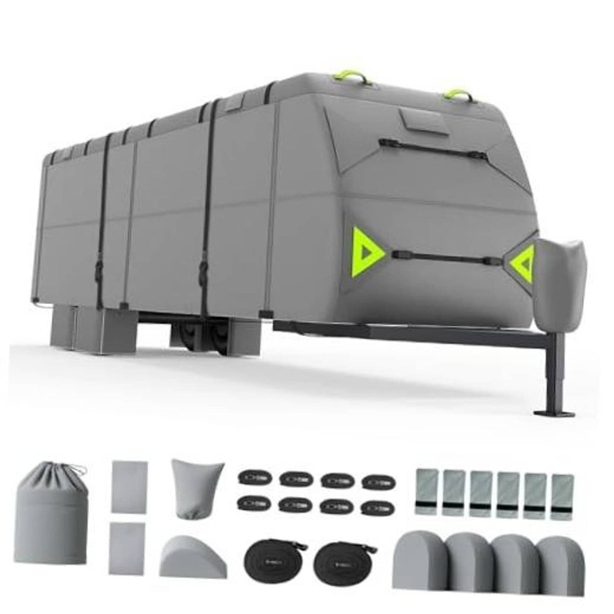Gray RV travel trailer cover with tie straps and front support legs, weather-ready cover.