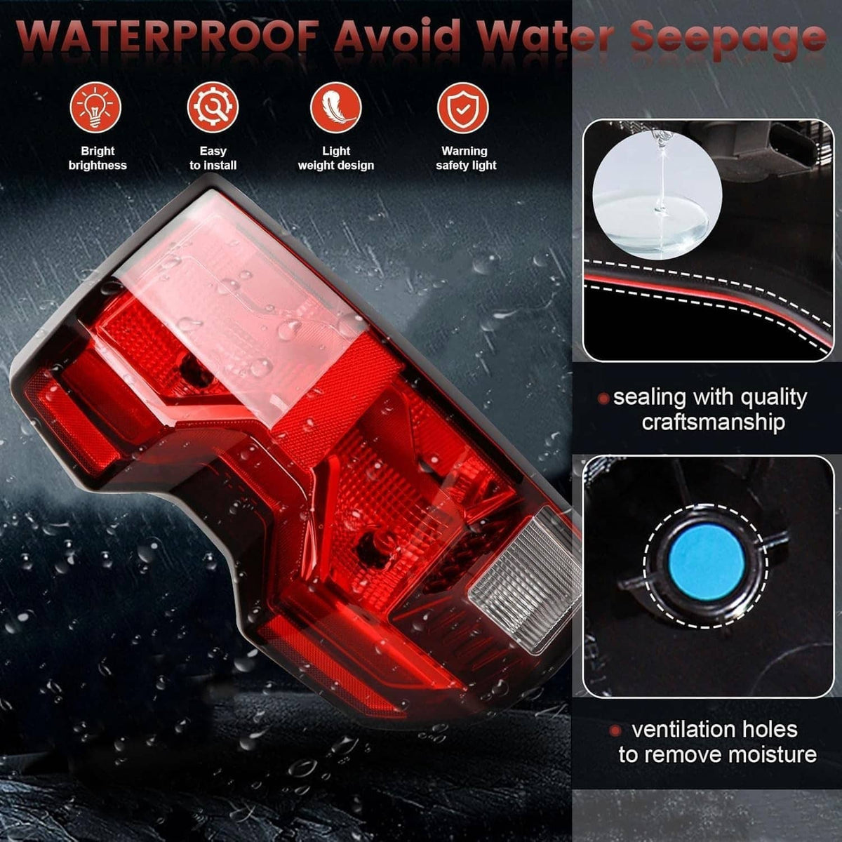 Waterproof tail light assembly with red lens and clear reverse lens detail