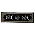 Black altar cloth with gold border, moon phase icons and pentagram symbols