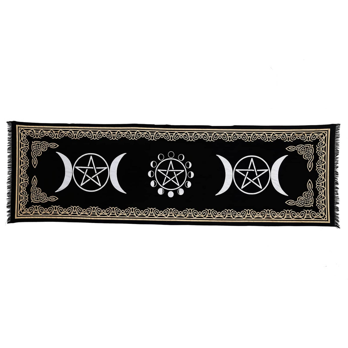 Black altar cloth with gold border, moon phase icons and pentagram symbols