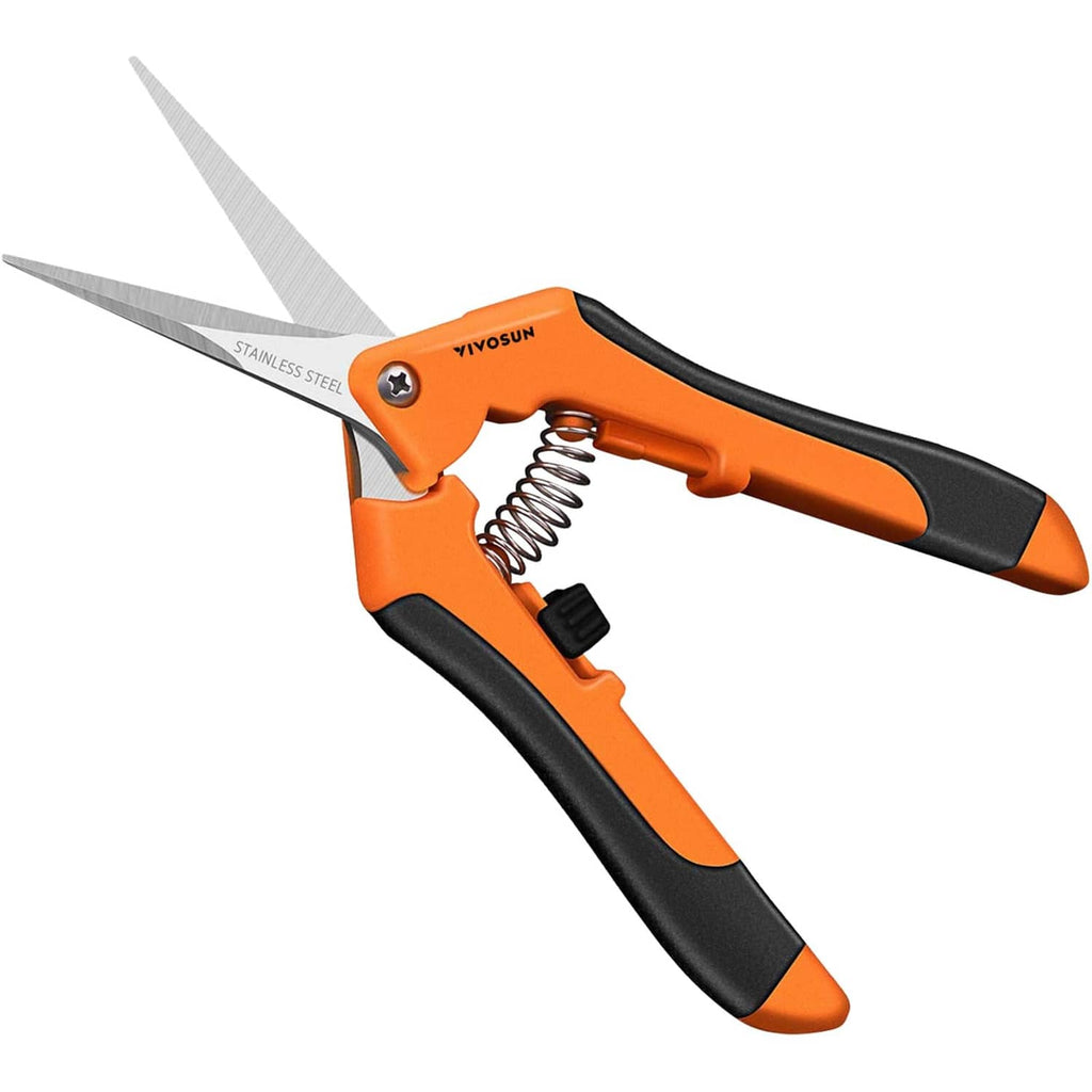 6.5-inch gardening hand pruner with orange and black grip and stainless steel blades