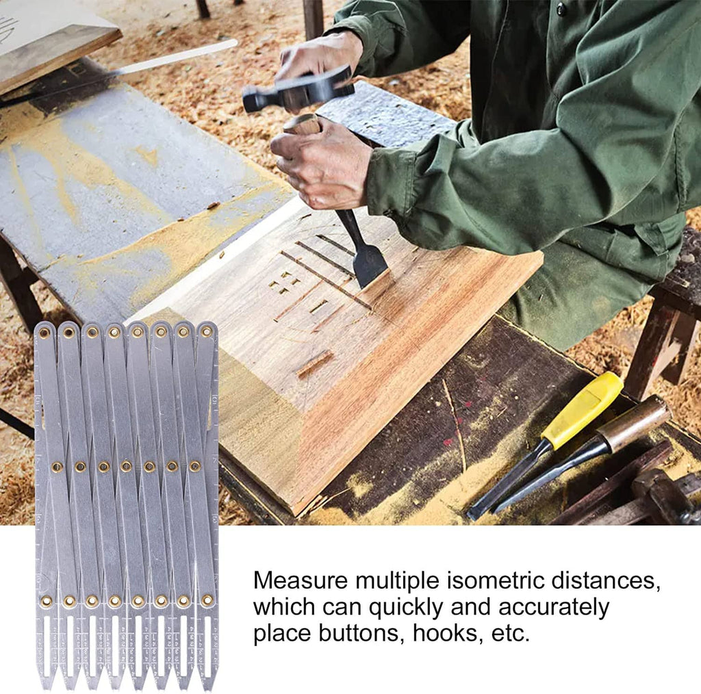Aluminum sewing gauge divider tool used on a wooden board for measured spacing