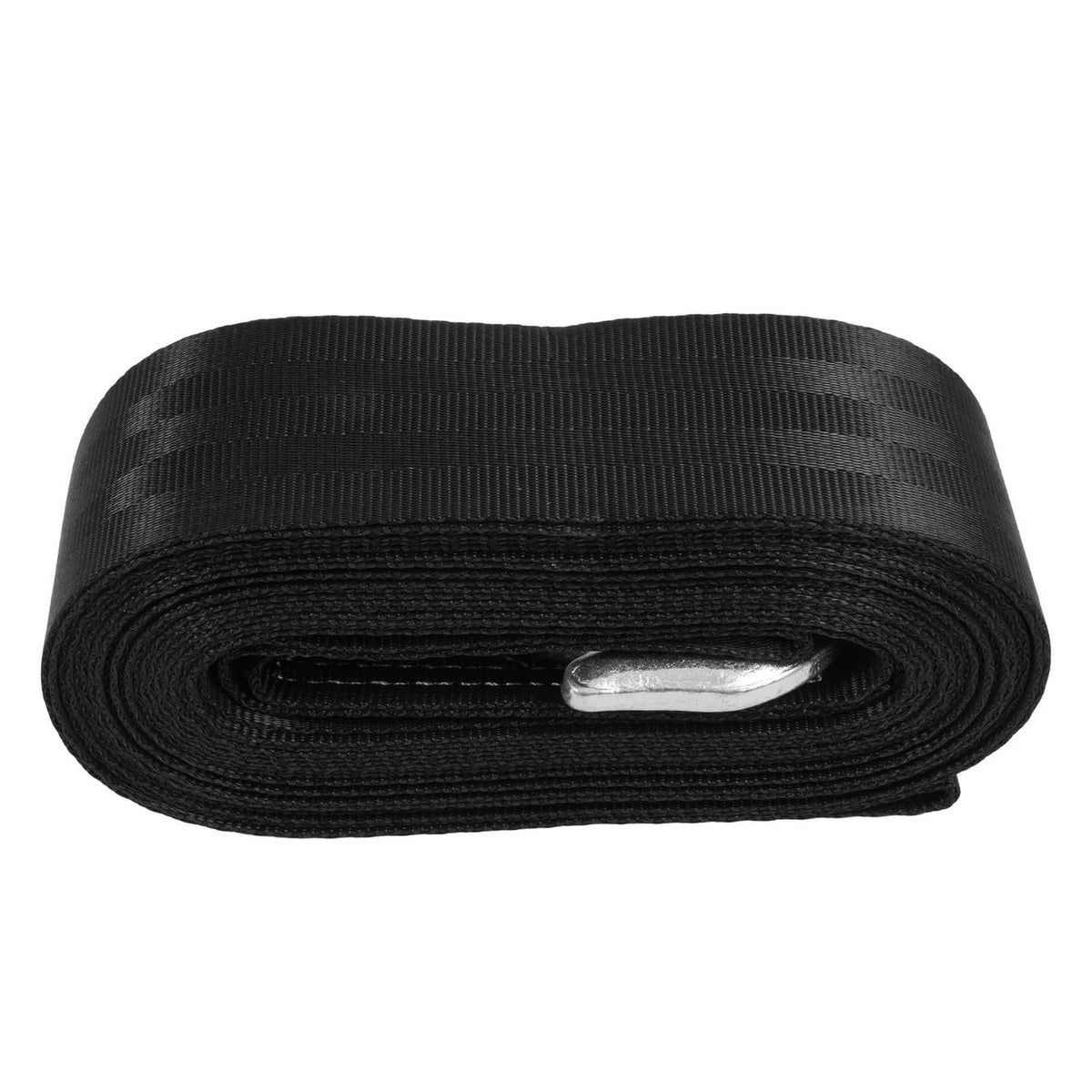 Black tie-down strap with metal buckle, heavy-duty webbing