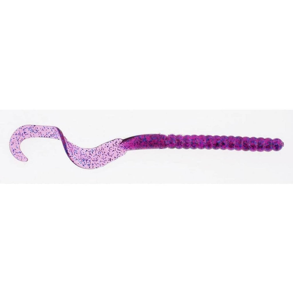 Purple speckled soft plastic curly-tail fishing worm bait