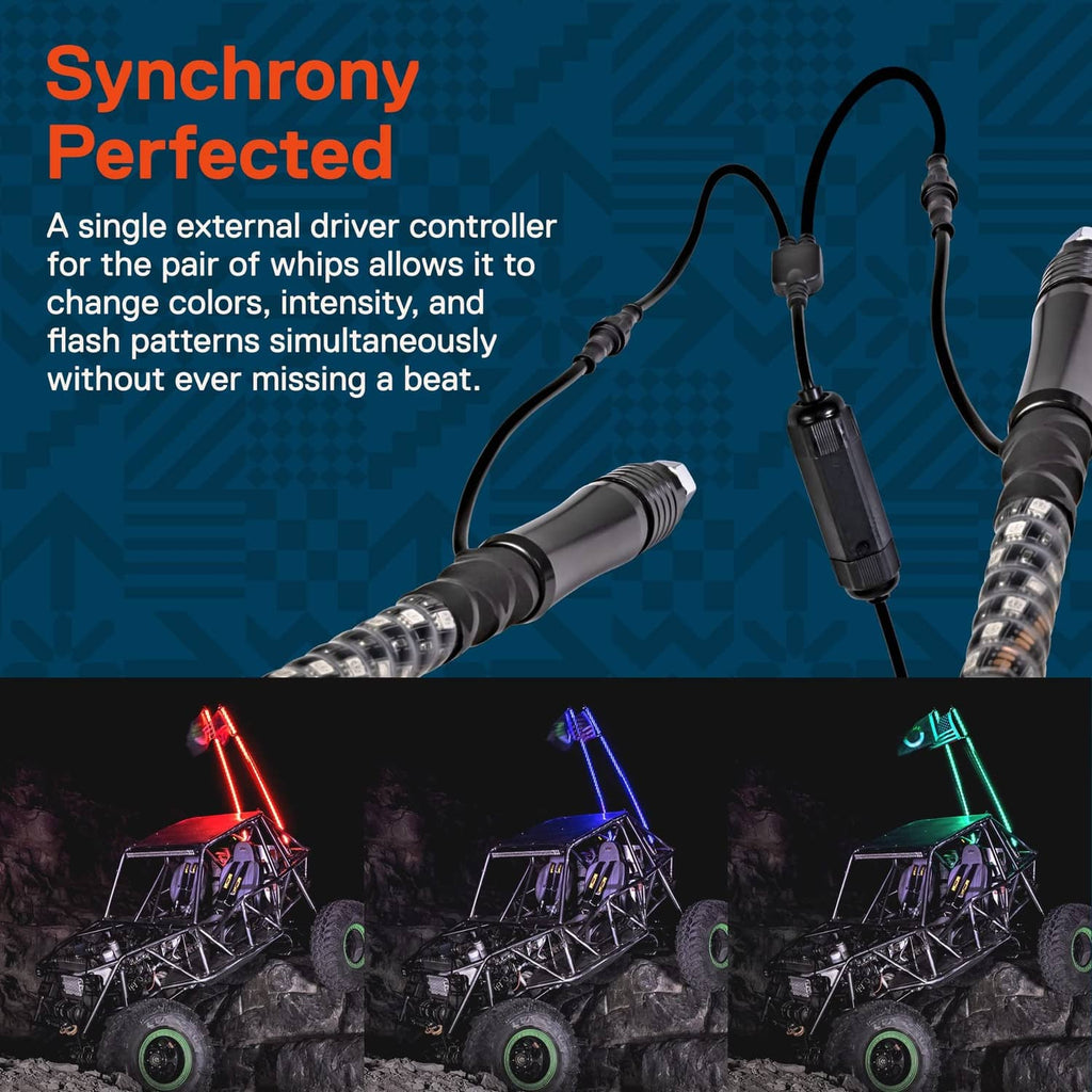 Dual spiral LED whip lights with synchronized color LEDs, black bases, wired control