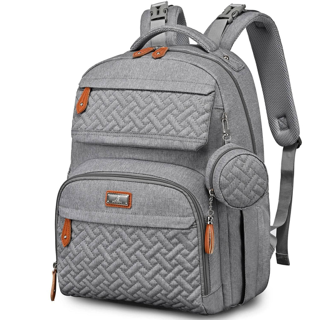 Light gray quilted diaper bag backpack with front zip pockets and round side pouch