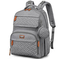 Light gray quilted diaper bag backpack with front zip pockets and round side pouch