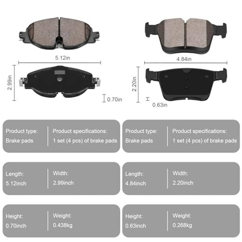 Ceramic brake pads with front and rear dimensions, showing length and width diagram