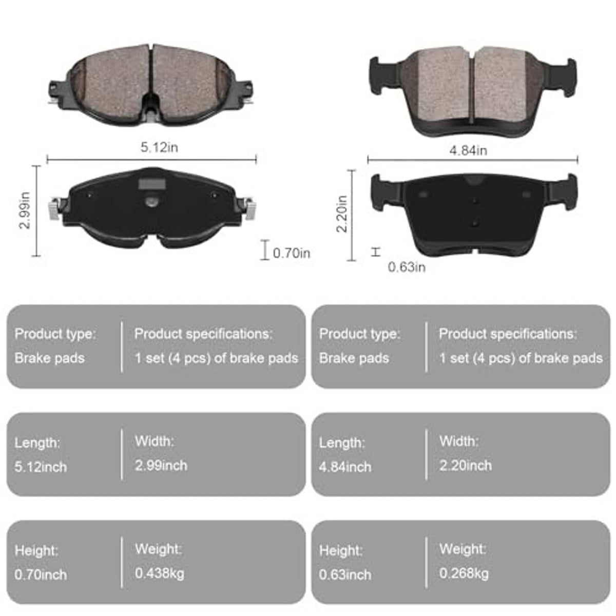 Ceramic brake pads with front and rear dimensions, showing length and width diagram