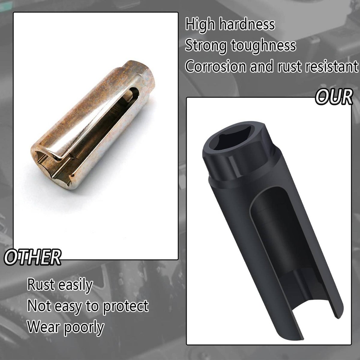 Black O2 sensor socket shown with corrosion-resistant design and rugged construction