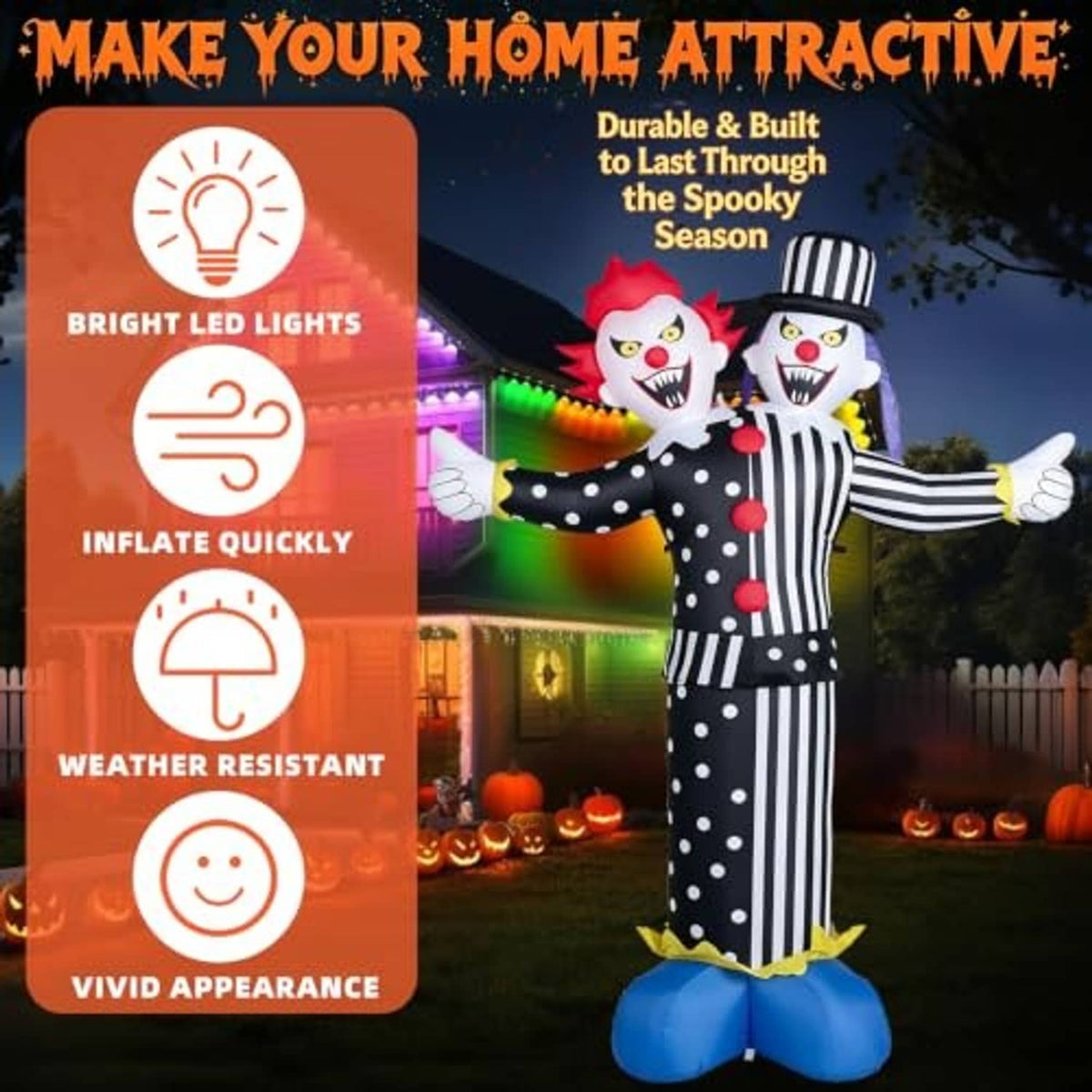 Inflatable two-headed clown decor with bright LED lighting, black-and-white striped suit, blue base