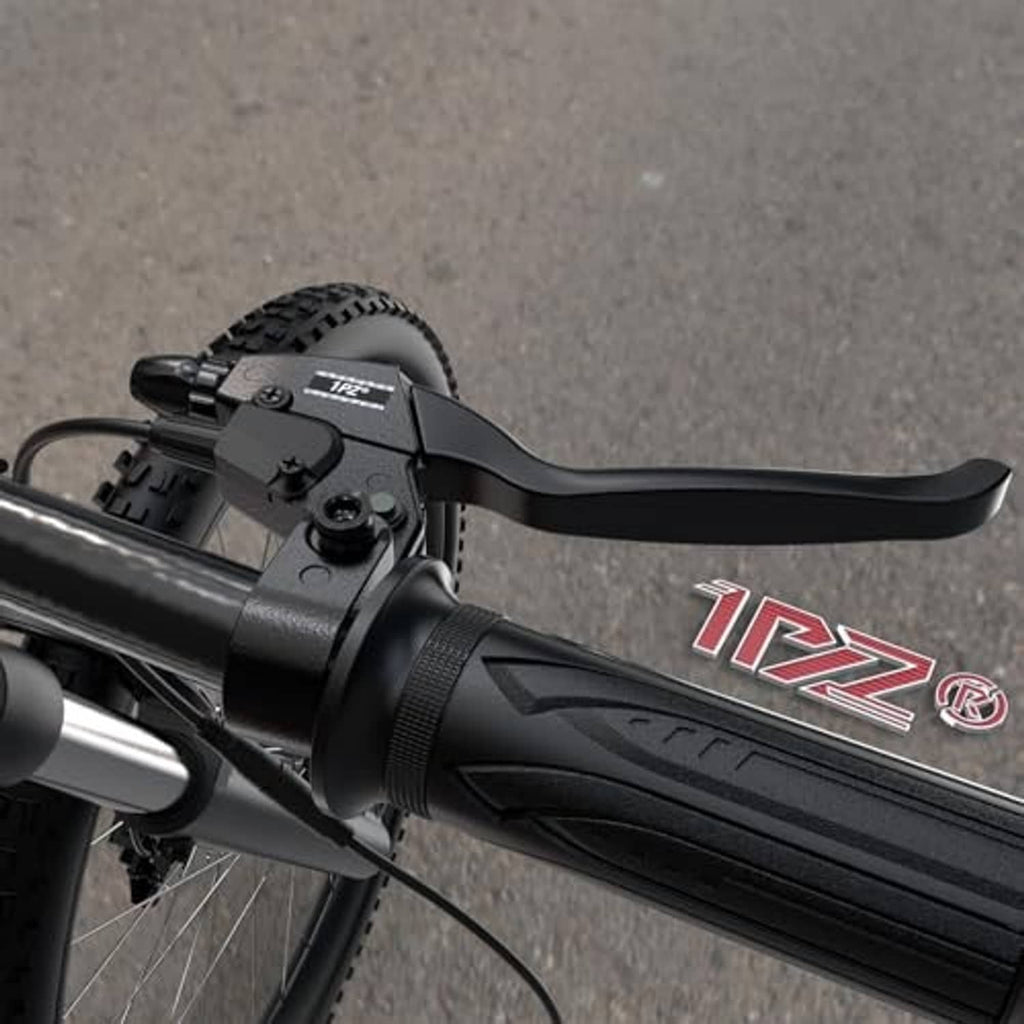 Mounted black e-brake lever on handlebar grip with red logo and wiring connection
