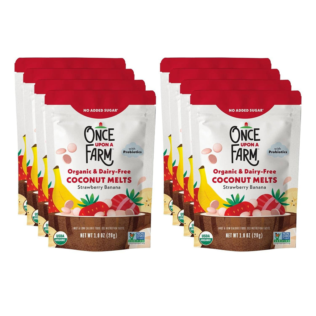 Organic coconut melts pouch multipack, strawberry banana flavor, no added sugar, probiotic