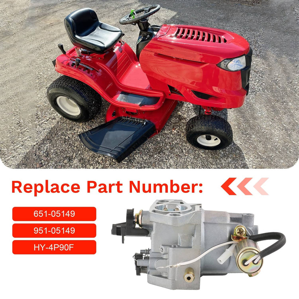 Carburetor replacement part shown on a red lawn tractor