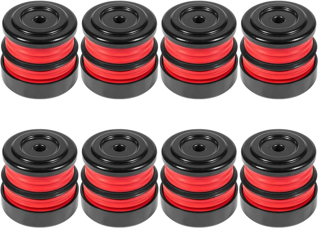 Black silicone body mount bushings with red rings, arranged in two rows