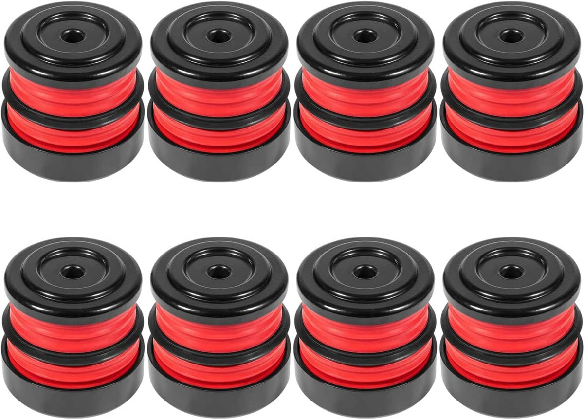 Black silicone body mount bushings with red rings, arranged in two rows