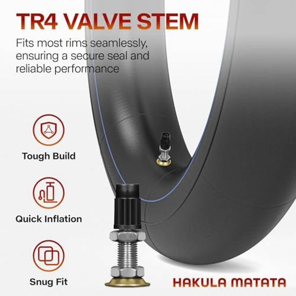 TR4 valve stem on black inner tube, metal stem and mounting nut