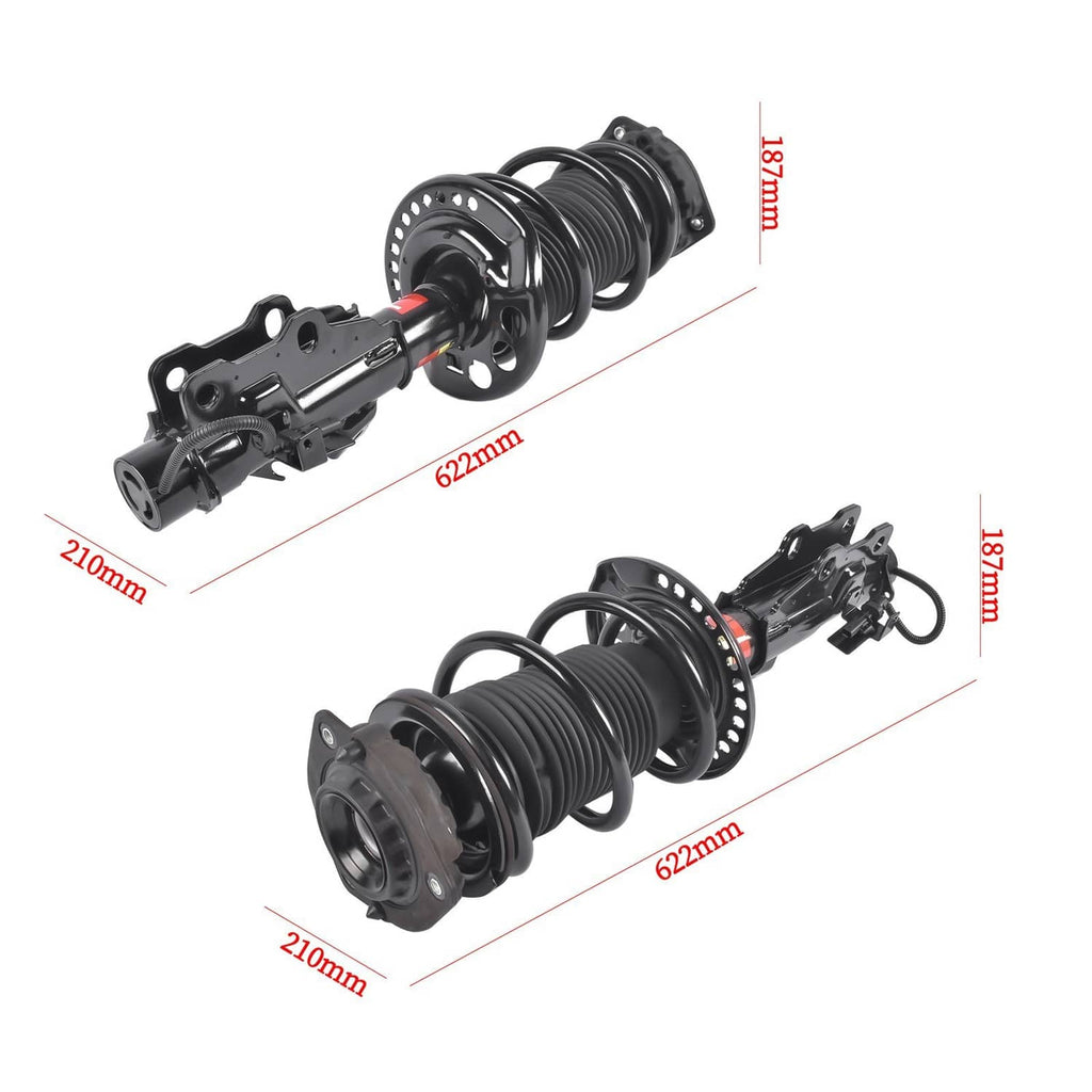 Front strut assembly with black coil spring, control arm, and labeled dimensions