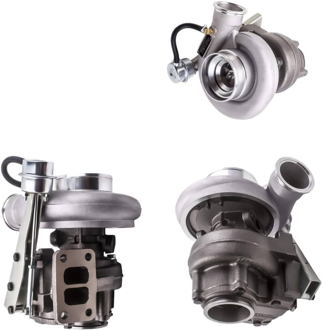 Turbocharger unit with compressor and turbine housings, multiple angles shown