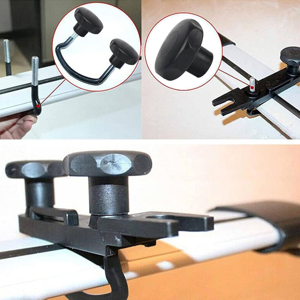 Black U-bolt clamp with curved legs and round knob for securing a roof rack