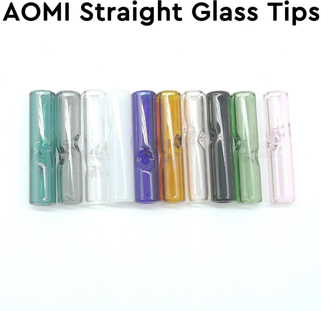 Row of reusable straight glass filter tips in multiple translucent colors