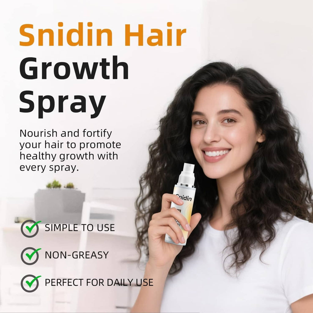 Hair growth spray bottle held by smiling woman with simple-use icons