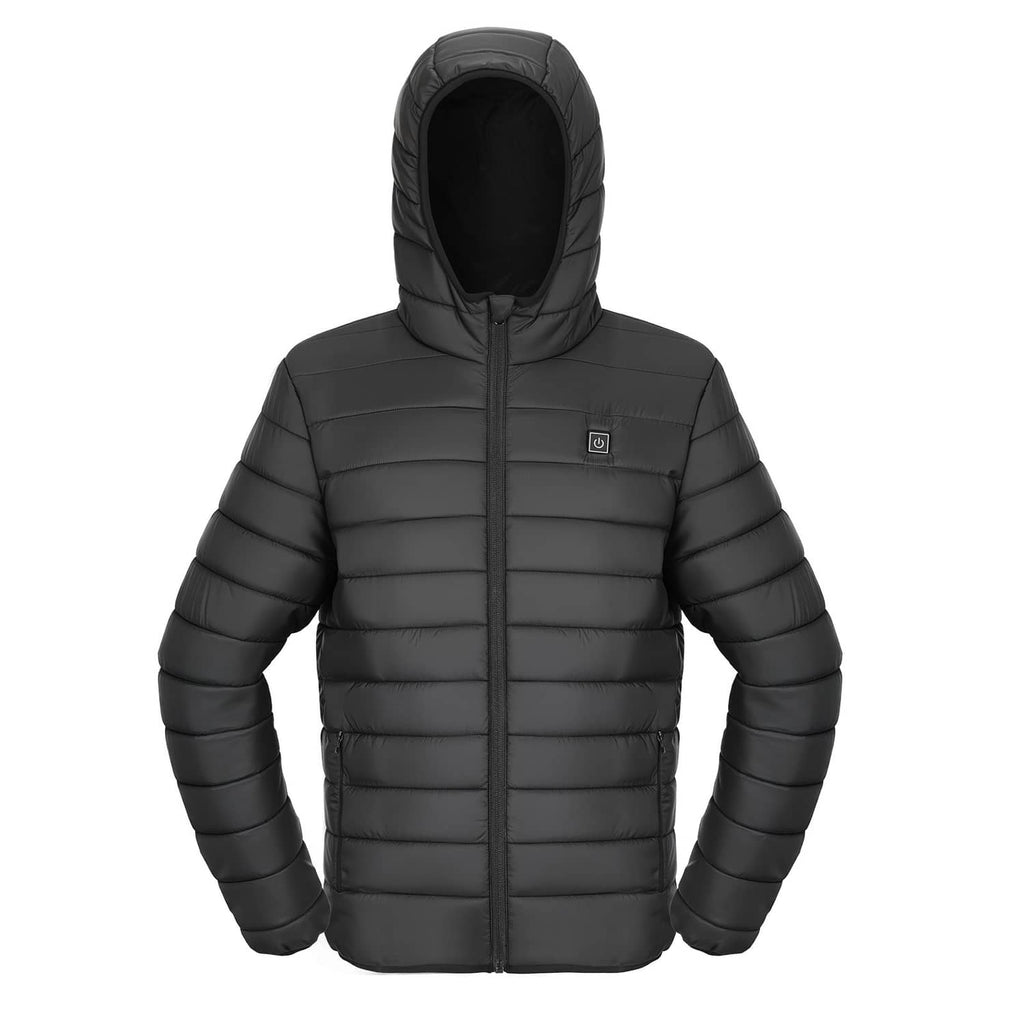 Uimoso heated women's jacket, black hooded puffer with front zipper and chest logo