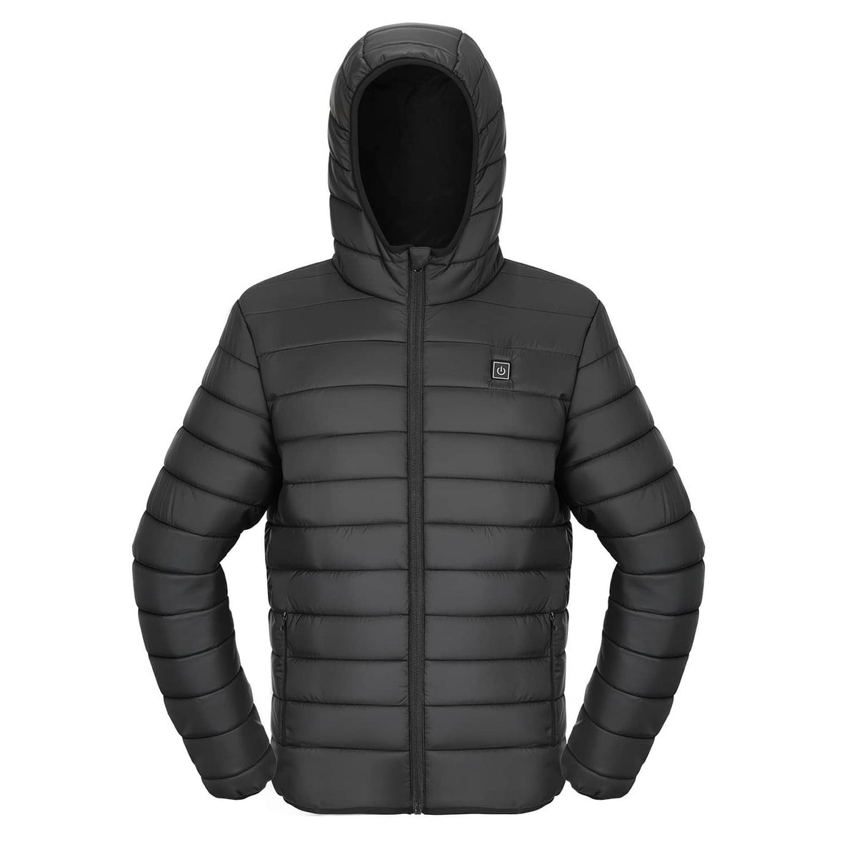 Uimoso heated women's jacket, black hooded puffer with front zipper and chest logo
