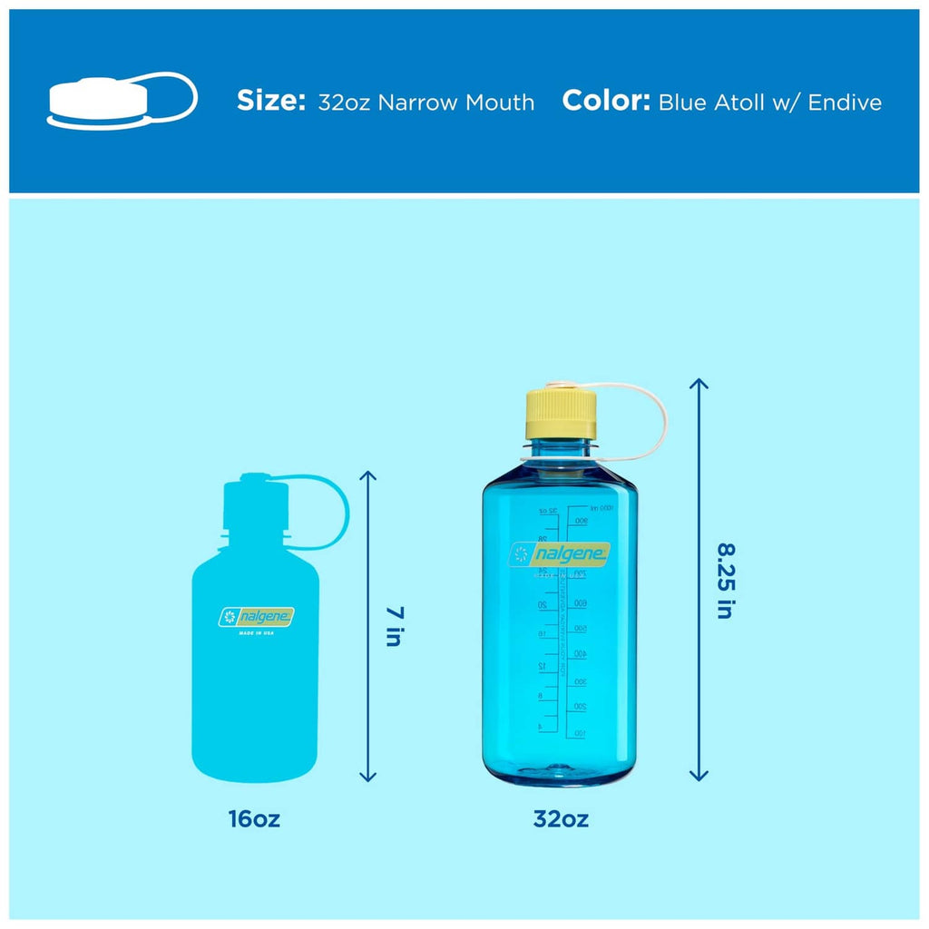 Blue translucent water bottle size diagram with narrow mouth and yellow cap.