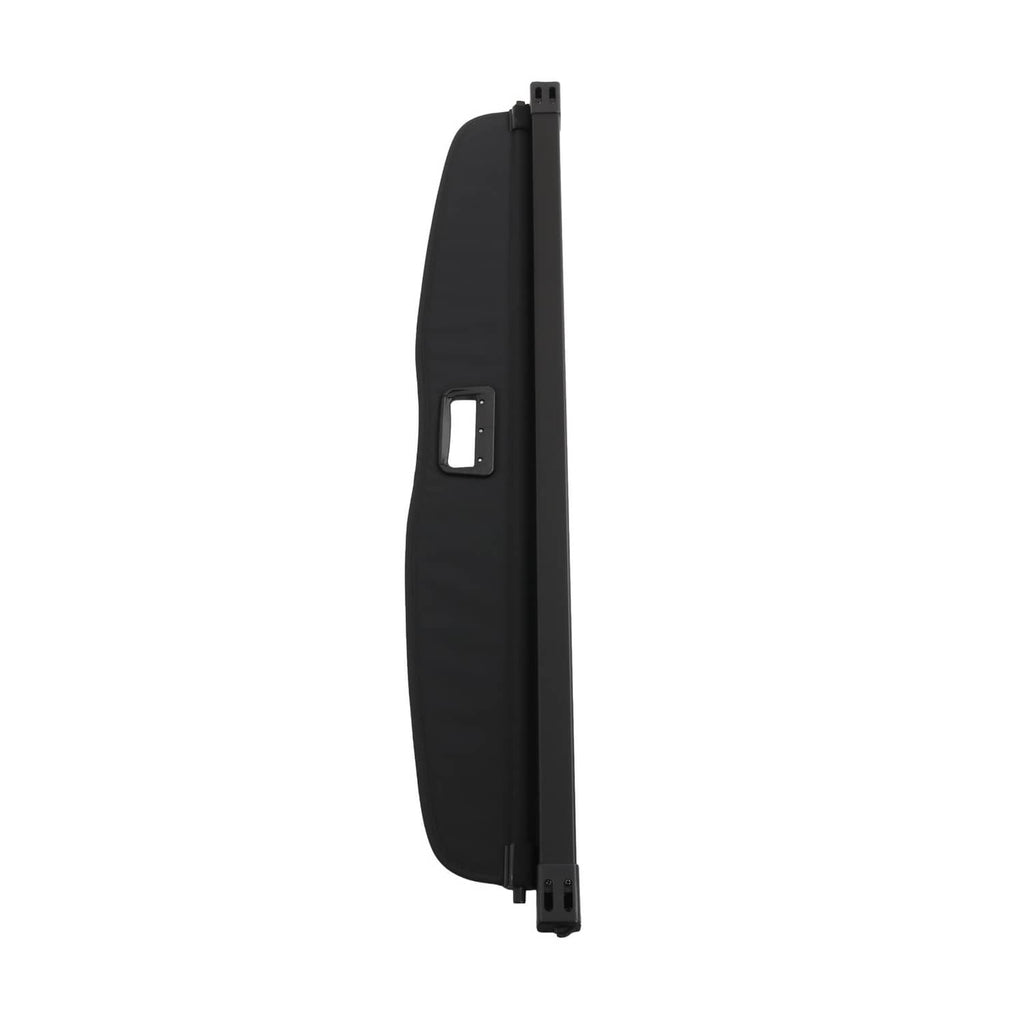 Black side trunk cargo cover track piece with rectangular handle cutout and clips