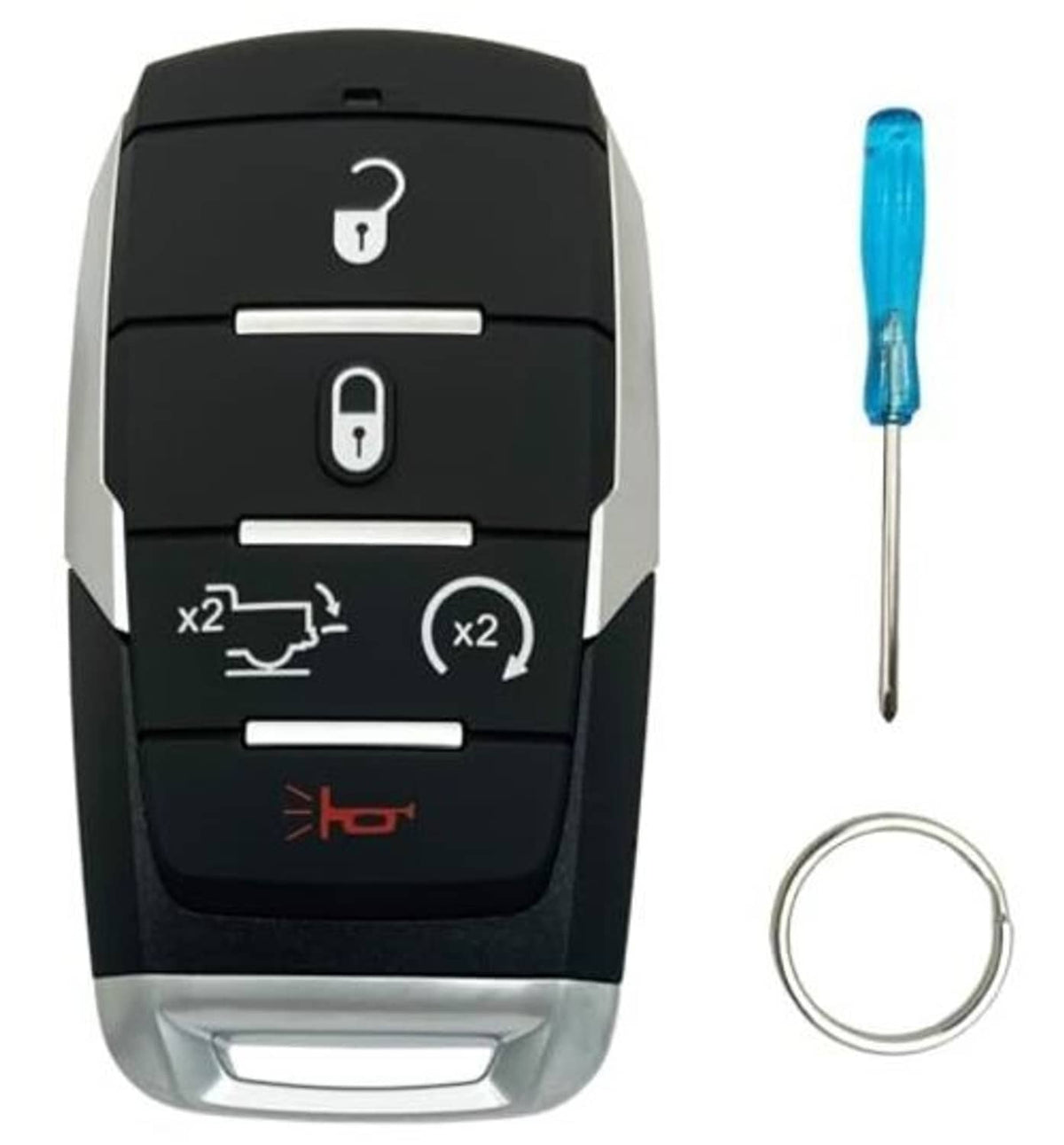 Black smart key fob cover shell with 5-button icons; includes key ring and screwdriver
