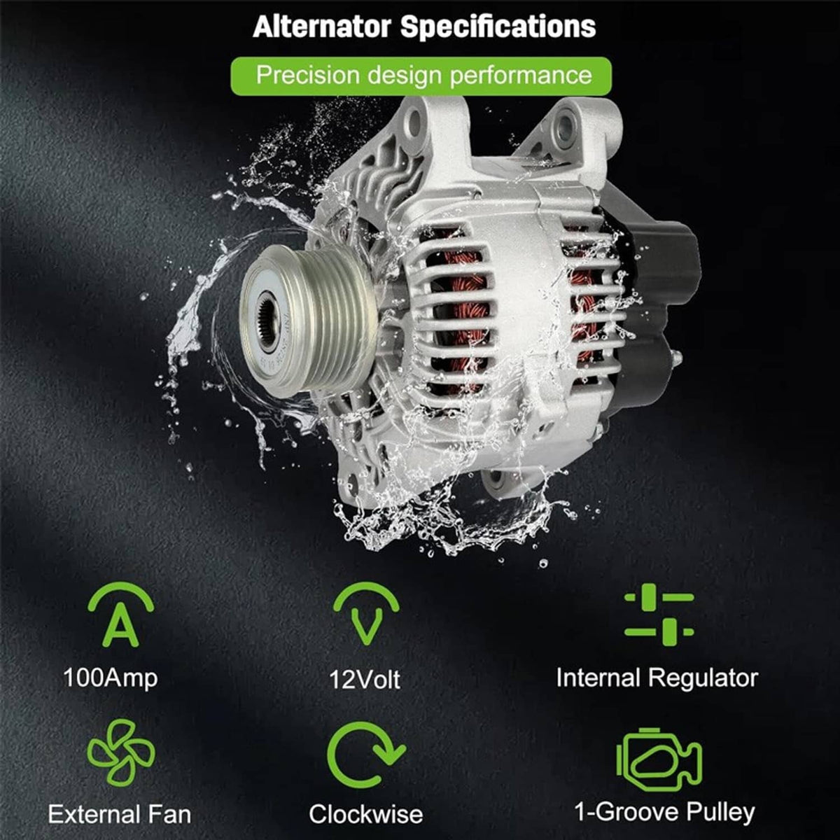 Silver alternator with copper coils, showing internal structure; no mounting hardware included.
