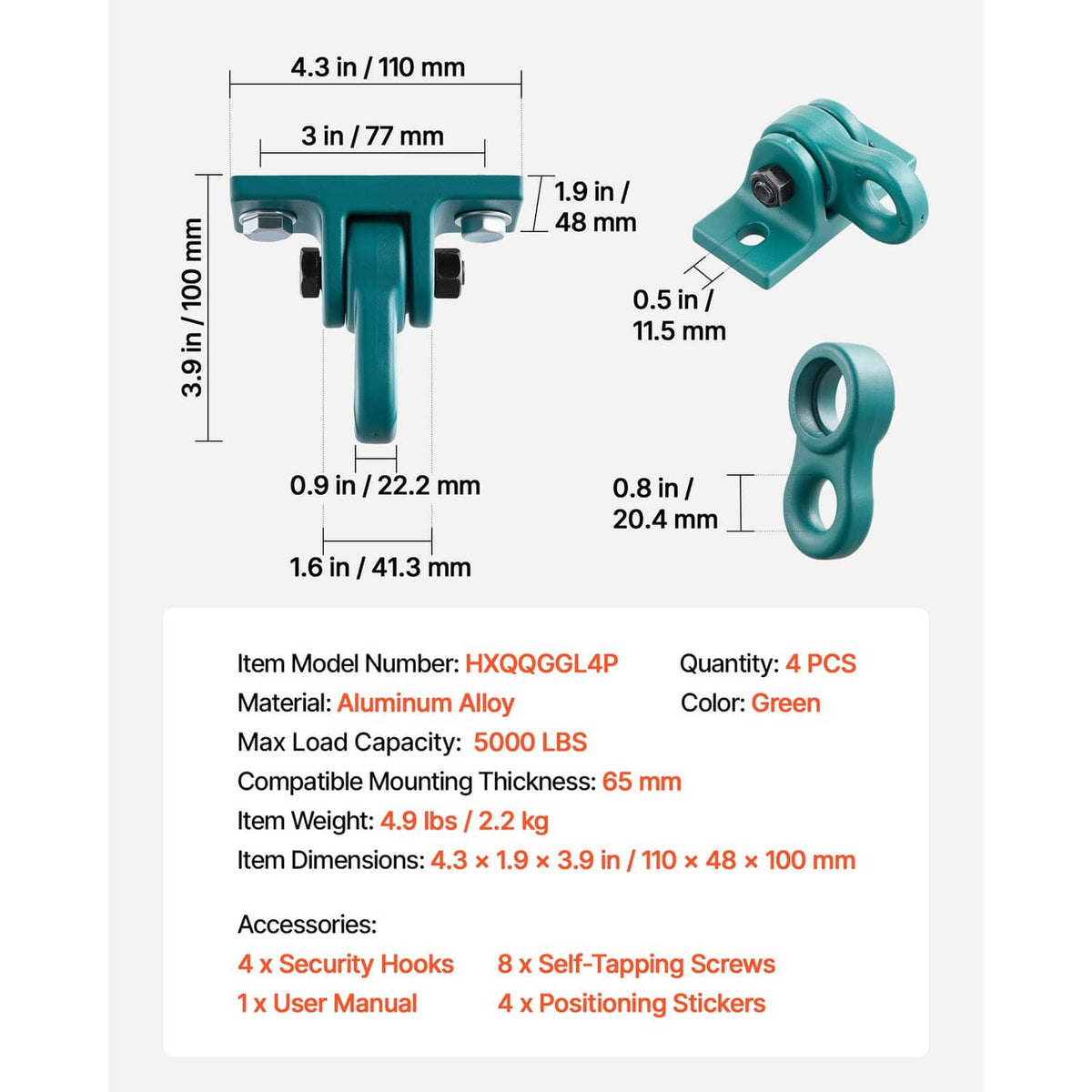 Teal swing hanger bracket with matching metal hook, with size and capacity notes