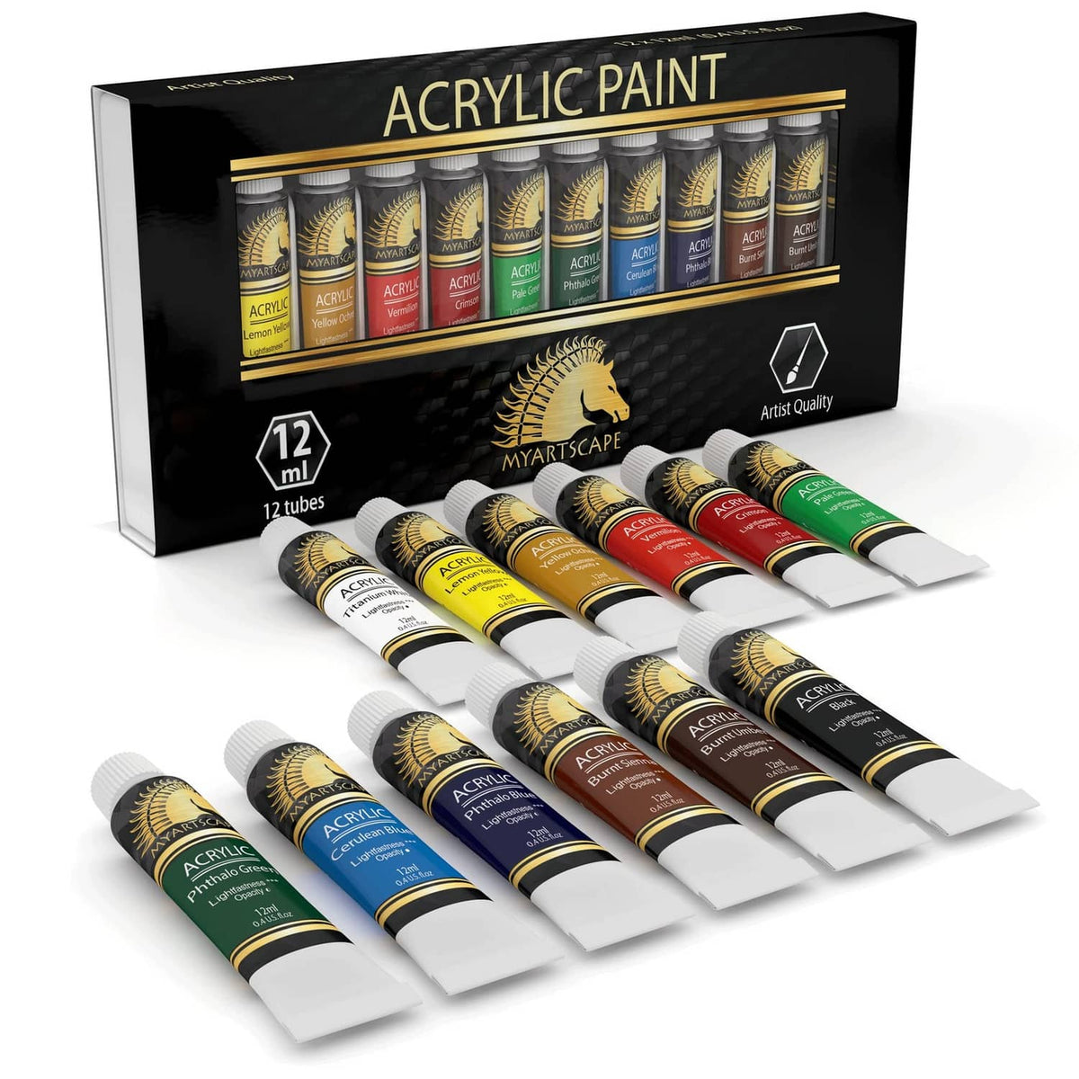 Acrylic paint set with 12 small tubes in a black display box