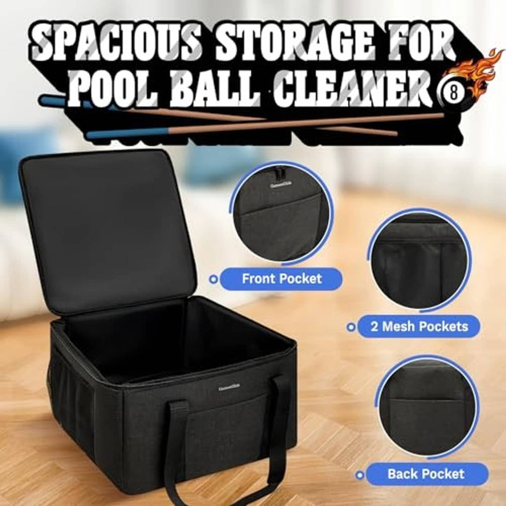 Black pool ball cleaner storage bag with front pocket and two mesh side pockets