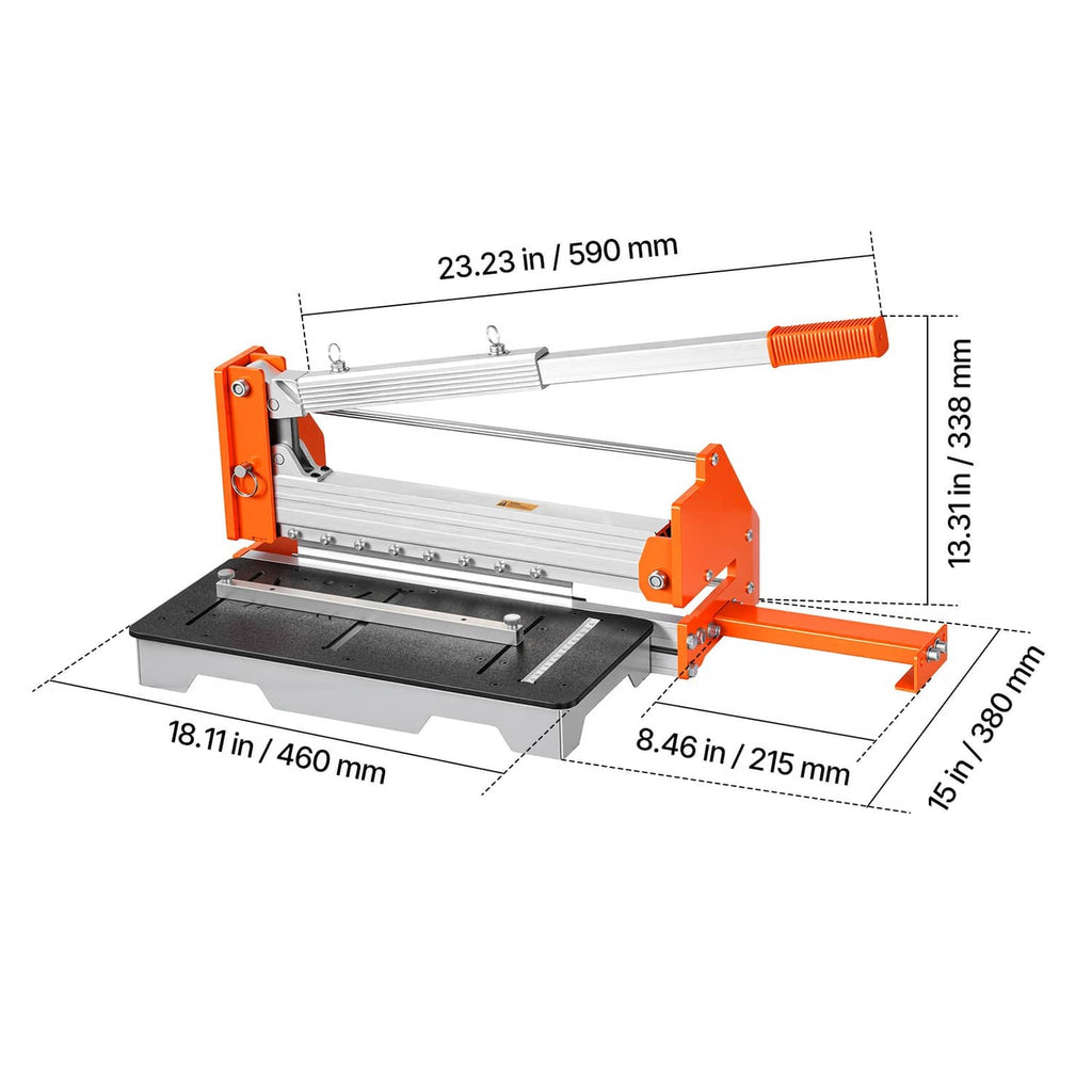 Vinyl flooring cutter with 12 in cutting capacity, black base, and orange handle
