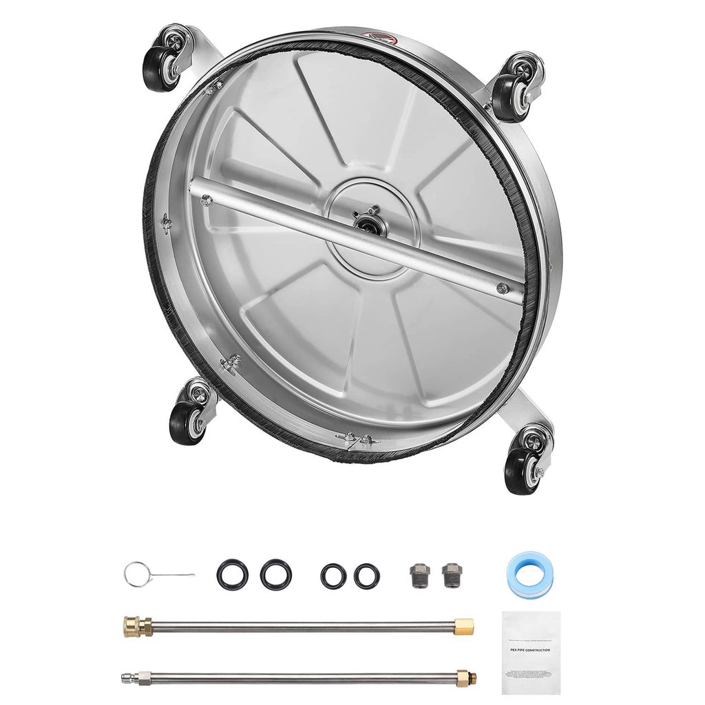 Round stainless steel pressure washer surface cleaner head with 4 wheels and center spray fitting