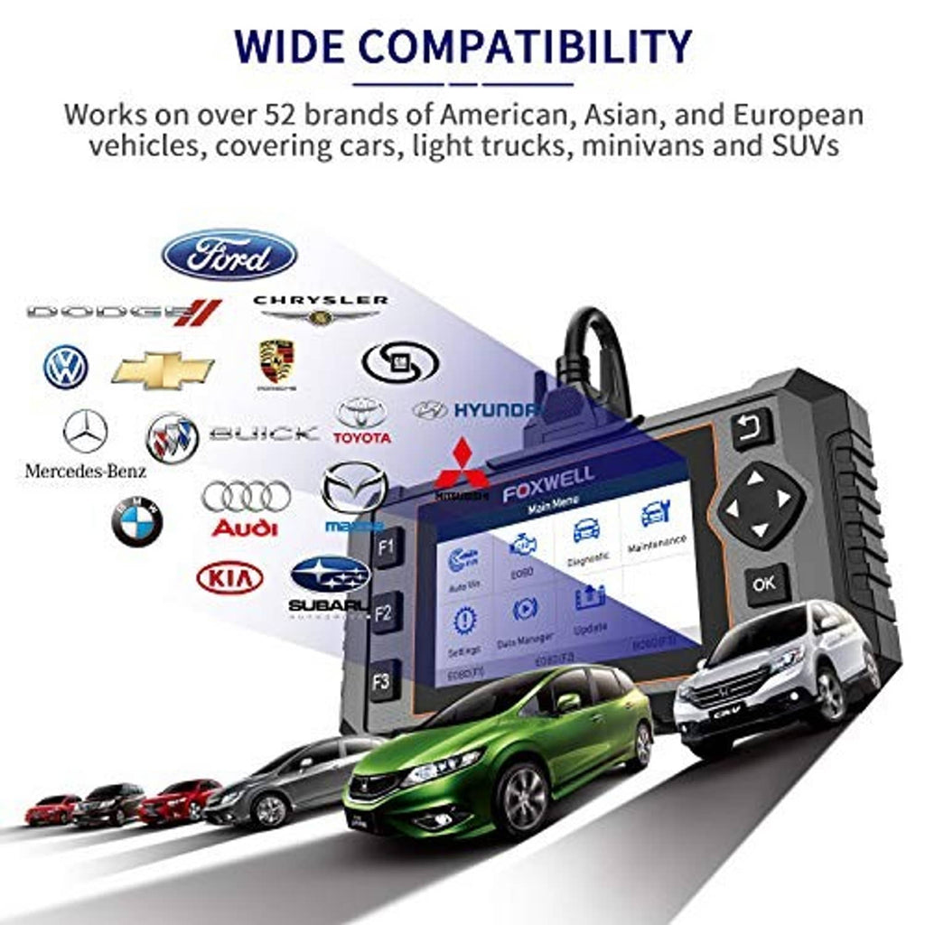 Handheld FOXWELL AutoMaster Pro OBD2 scanner with color display and directional keypad