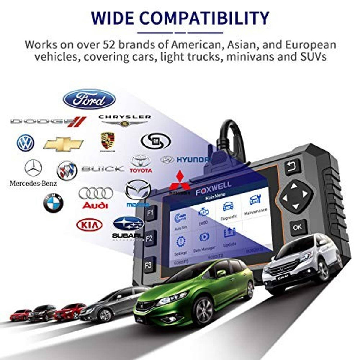 Handheld FOXWELL AutoMaster Pro OBD2 scanner with color display and directional keypad