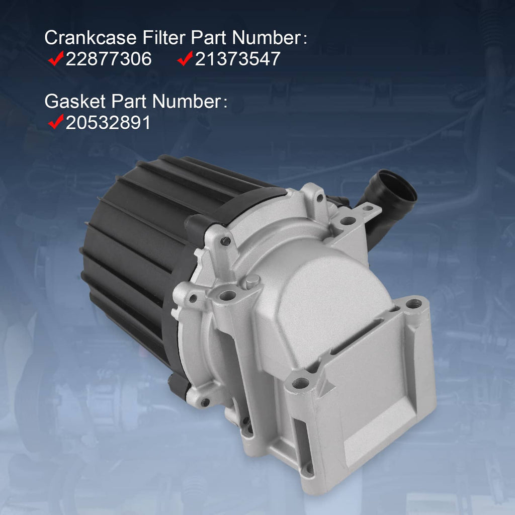 Crankcase ventilation separator with gasket, side view with inlet pipe and mounting feet.
